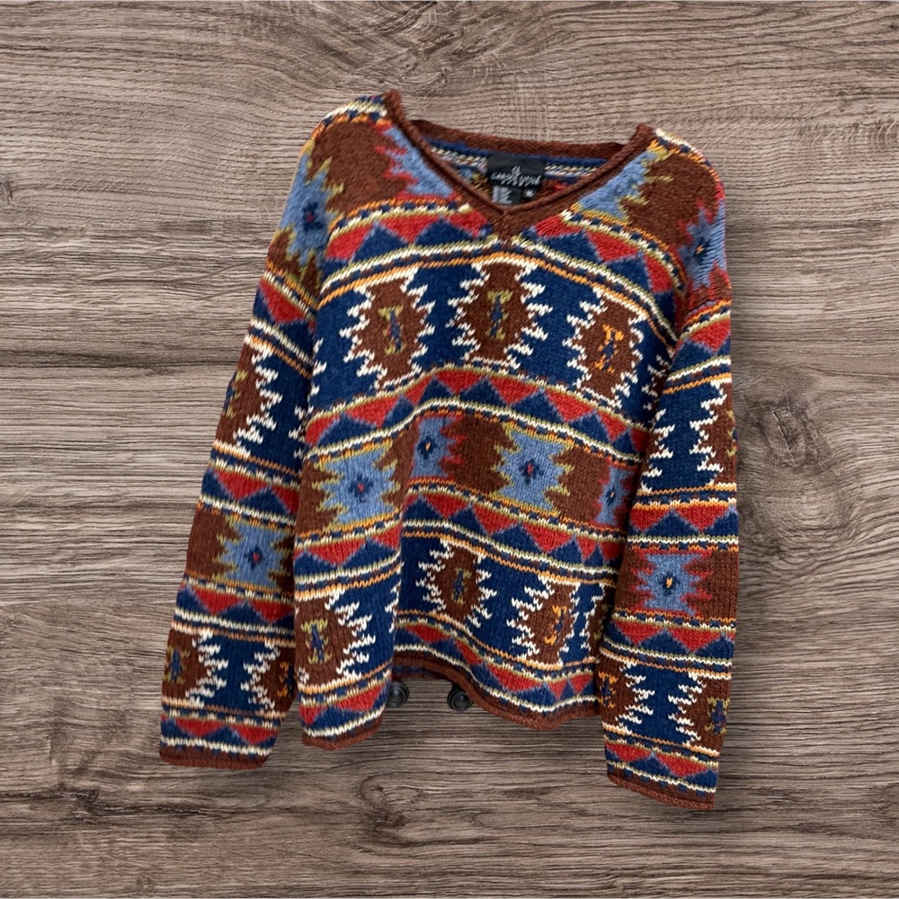 Vintage Aztec Boho Southwestern CAROLE LITTLE Sport Heavy Wool Sweater XL EUC - Picture 7 of 8